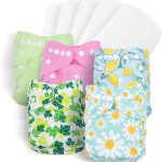 Baby Cloth Nappies Babies 10 Pack Washable Nappies Diapers 5 Cloth Diapers & 5 Reusable Nappies Inserts Adjustable Super Absorbent Pocket Nappy Infants (Gray Unicorn Flamingo Rabbit Lemon)